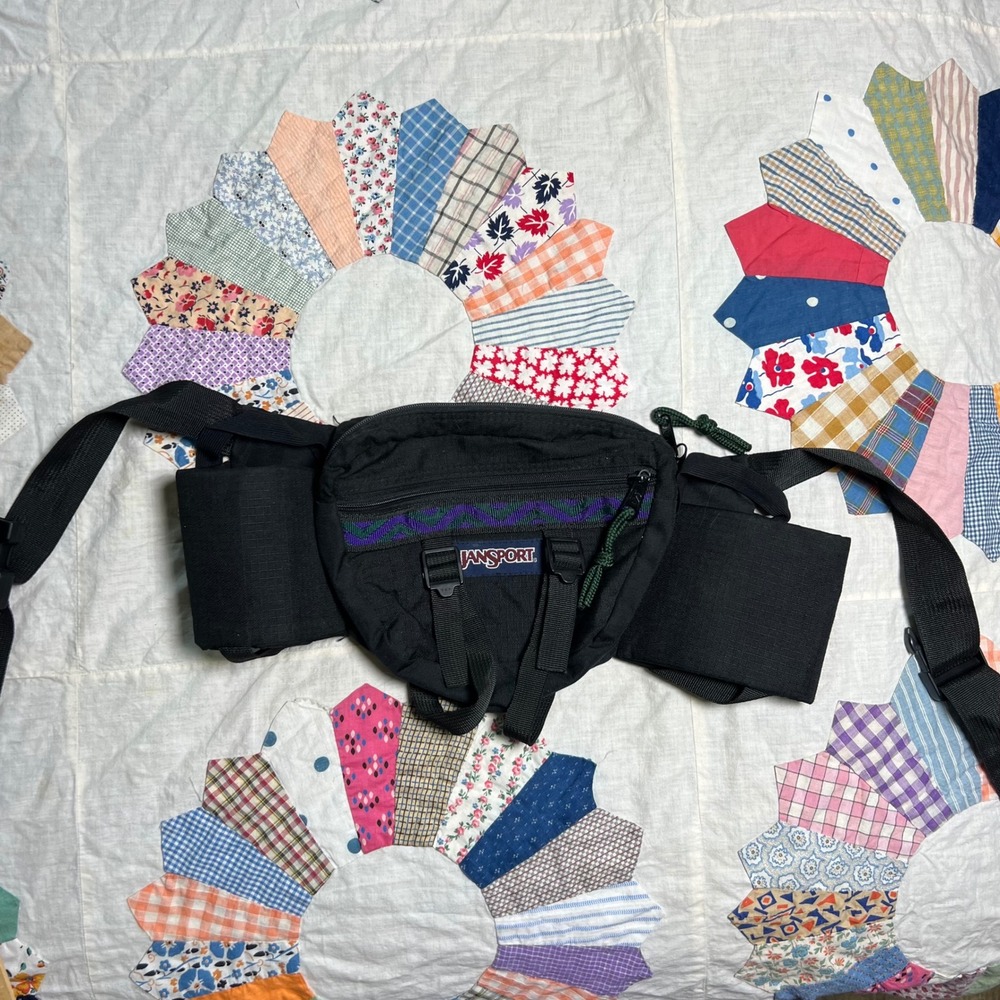 Vintage JanSport Fanny Pack Black Waist Bag Dual Bottle Holder Gorpcore 90s